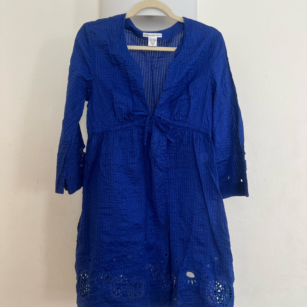 DVF Blue Seersucker Swim Cover with Eyelet Details